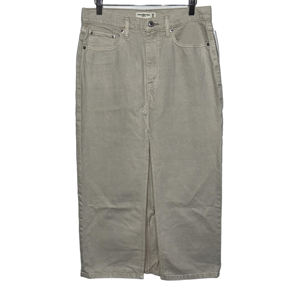 Abercrombie & Fitch High Rise Tan Khaki Denim Casual Slit Midi Skirt Size 29 8 P